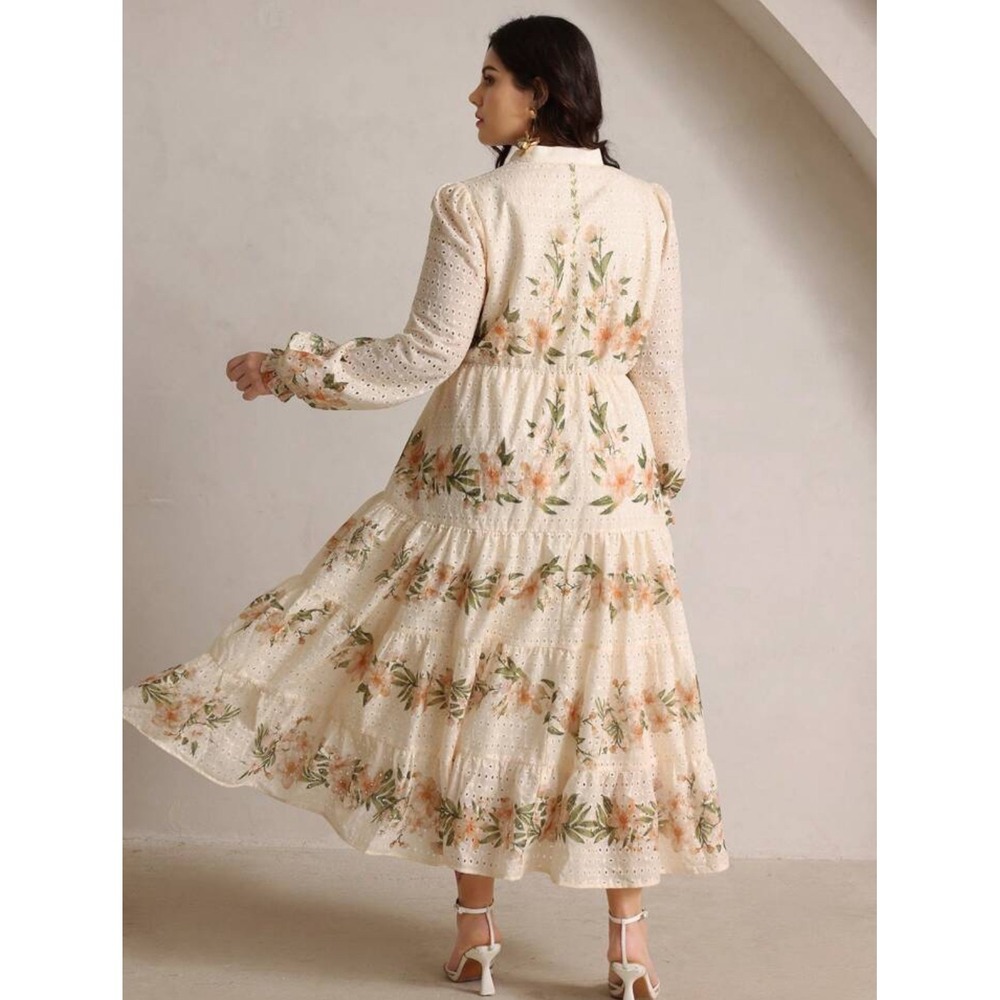 ANewsta Curve 4XL Ivory Floral Embroidered Eyelet Maxi Dress Long Sleeve Cottage - Picture 2 of 13